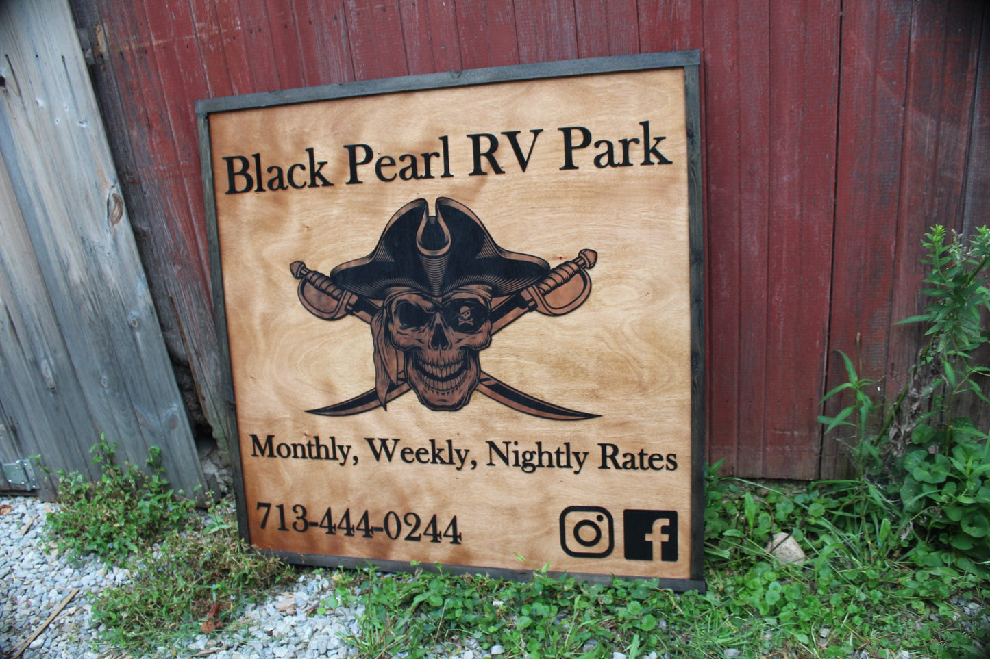Black Pearl Rv Park Camping Pirate Swords Uv Printed 3D Custom Business Logo Square Oversized Rustic Wood Laser Cut Out 3D Extra Large Sign