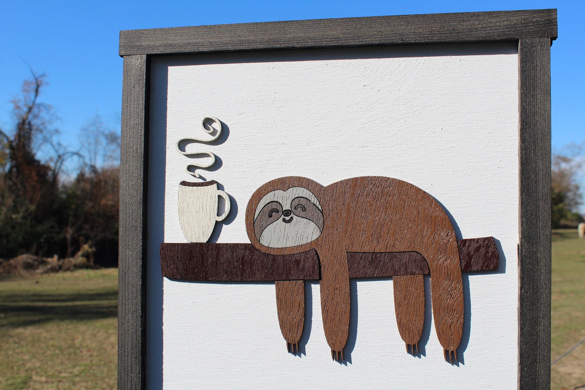 Tired Sloth Drinking Coffee 3D Raised Image Wood Sign Country Primitive Wall Decoration Passed Out Hot Chocolate Energy Sleepy Décor
