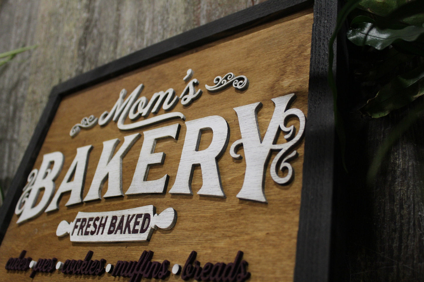 Moms Bakery Wood Sign Served Hot and Fresh Advertising Kitchen Decoration Country Farmhouse Rustic Wall Art 3D Raised Text Words Pies Breads