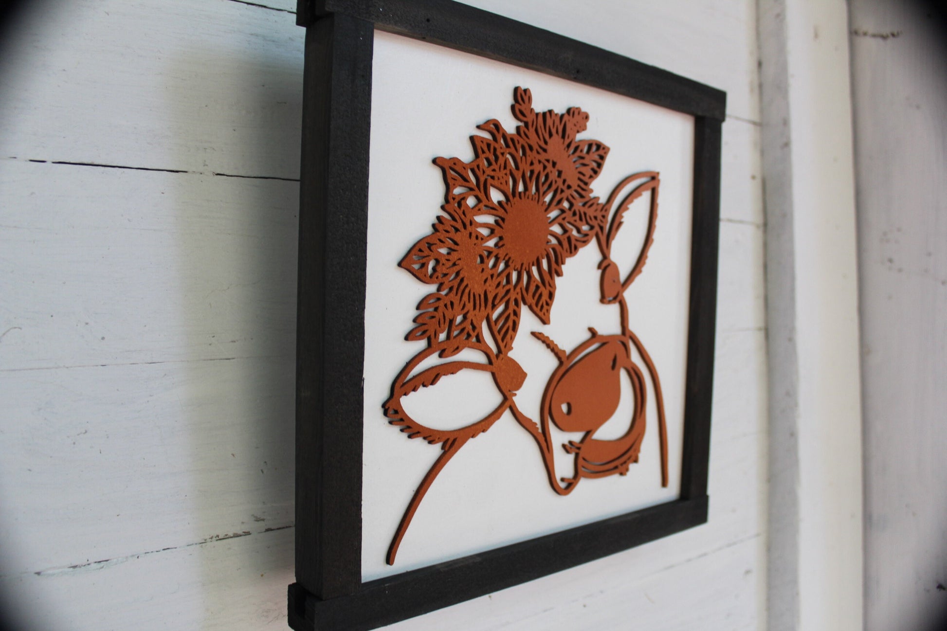 Cow Flower Crown Wood Sign 3D Raised Text Sunflower Floral Heifer Farm Cow Kissses Country Primitive Framed Wall Hanging Porch Decor