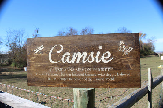 Camsie Dedication Trail Memorial Custom Wood Business Outdoor Sign Wall Decor Personalized Signs Laser Engraving Footstepsinthepast