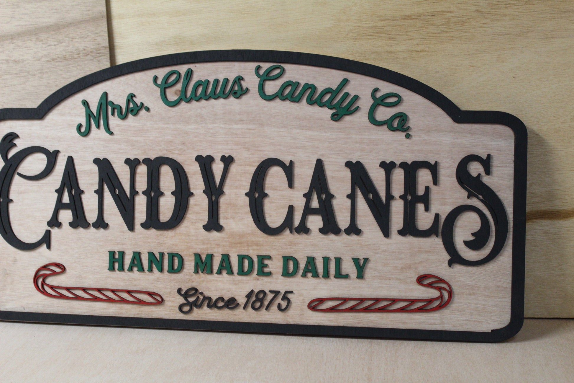 Candy Canes Mrs Claus Candy Co. Handmade Fresh Holiday Decor Christmas Shop Business 3D Raised off Red and Green Festive Candy Maker