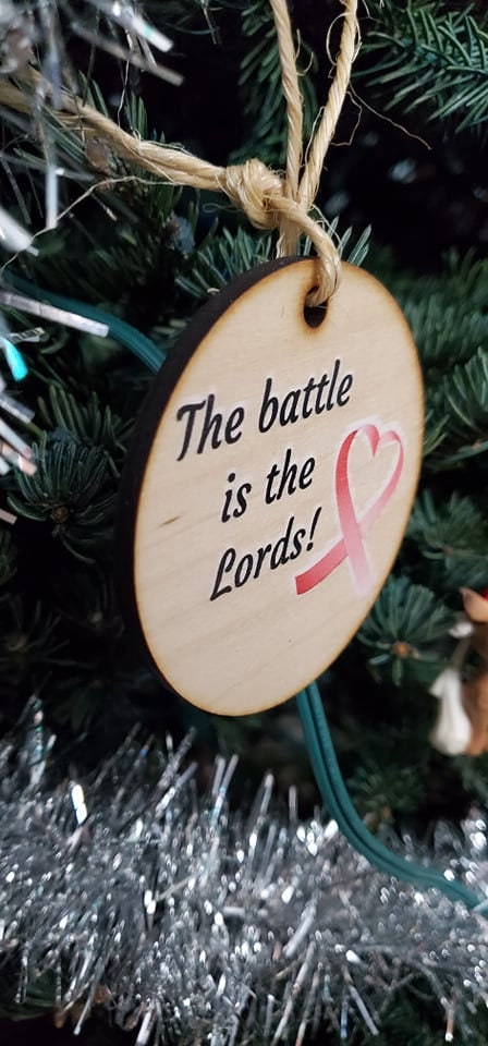 The Battle is The Lords Breast Cancer Awareness Christmas Ornament Key Chain Gift Ribbon Heart Round Wood Slice Printed Image Holiday