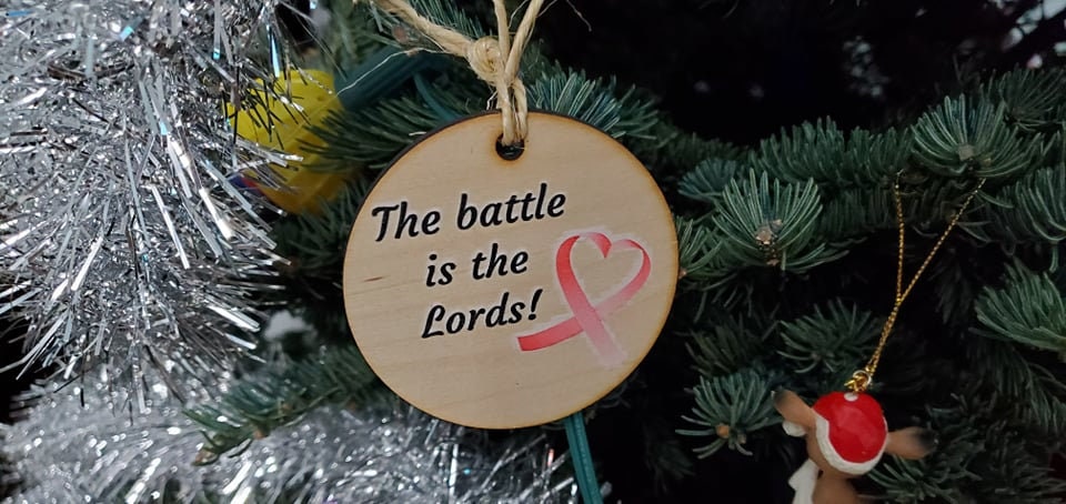 The Battle is The Lords Breast Cancer Awareness Christmas Ornament Key Chain Gift Ribbon Heart Round Wood Slice Printed Image Holiday