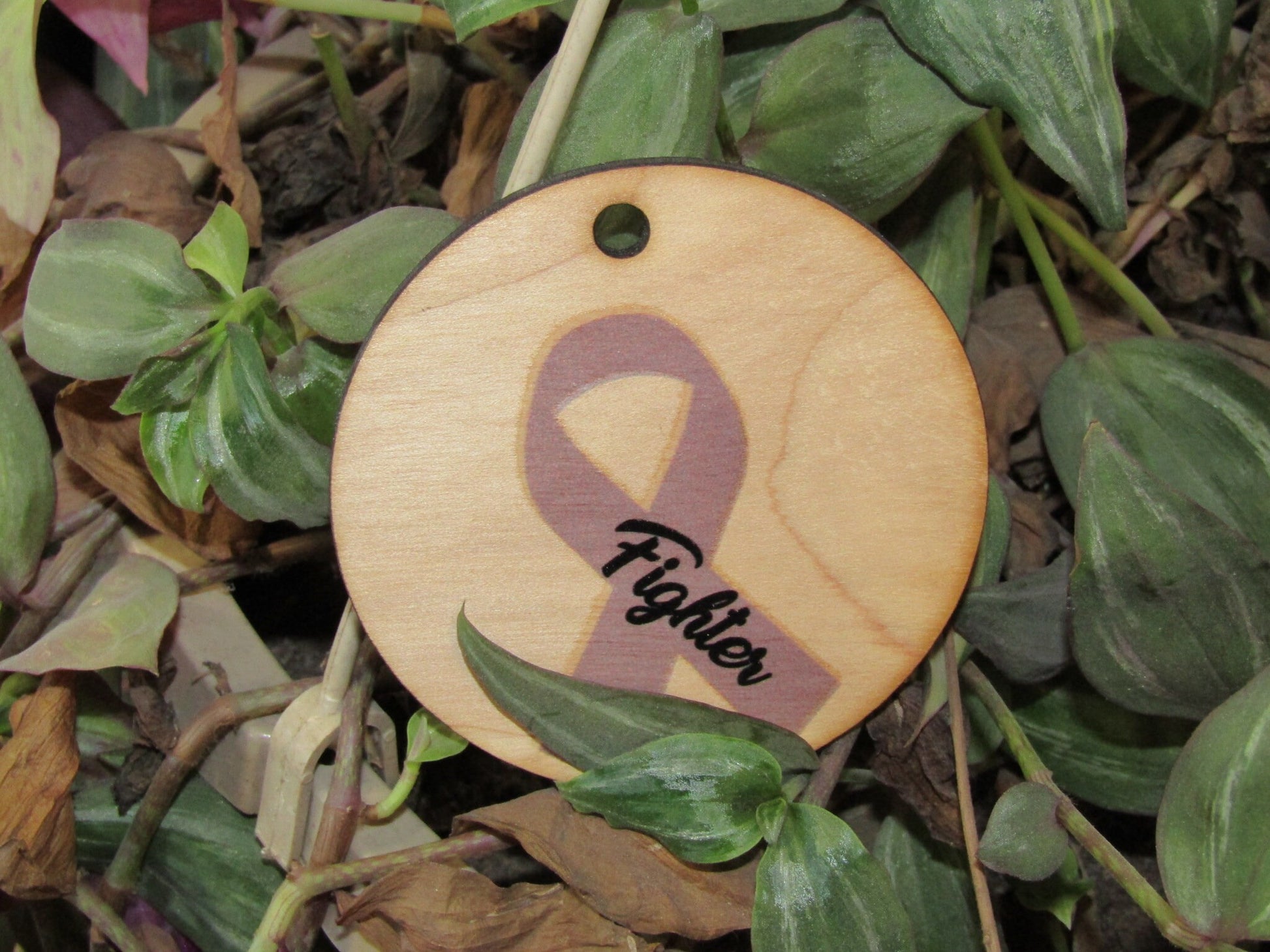 Cancer Awareness Fighter Battle Cancer Ribbon Ornament Gift Tag Christmas Printed Image Woodslice Tree Trimming Birch Purple Ribbon