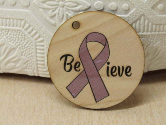 Cancer Awareness Believe Cancer Ribbon Ornament Gift Tag Christmas For Loved One Printed Image Woodslice Tree Trimming Birch Purple Ribbon