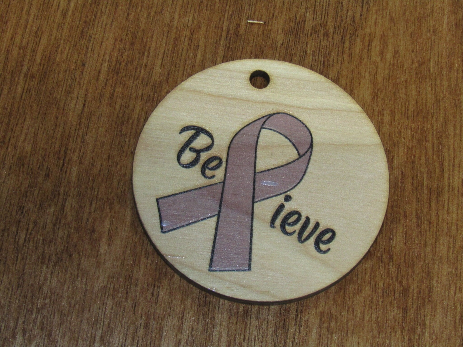 Cancer Awareness Believe Cancer Ribbon Ornament Gift Tag Christmas For Loved One Printed Image Woodslice Tree Trimming Birch Purple Ribbon