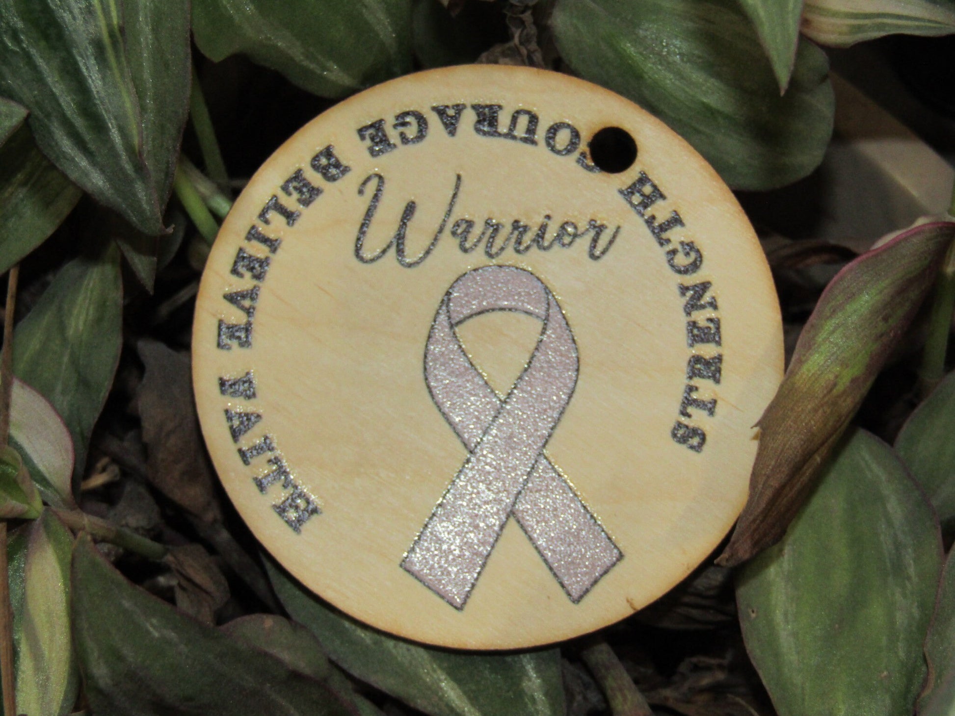 Cancer Awareness Ribbon Courage Strength Believe Warrior Faith Ornament Gift Tag Christmas Printed Image Woodslice Tree Trimming Birch