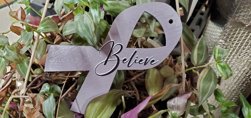 Cancer Awareness Ribbon Ornament Keepsake Believe Purple Christmas Holiday Gift Keychain Wooden Laser Cut Out Uvprinted Uplifting Encourage
