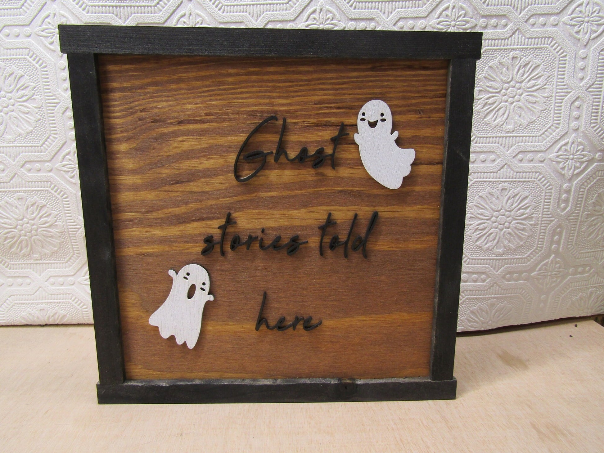 Wooden Halloween Sign Ghosts Ghost Stories Told Here Theme Cute Spooky Fall Decor Trick Or Treat 3D Raised Text Handmade Framed Signage