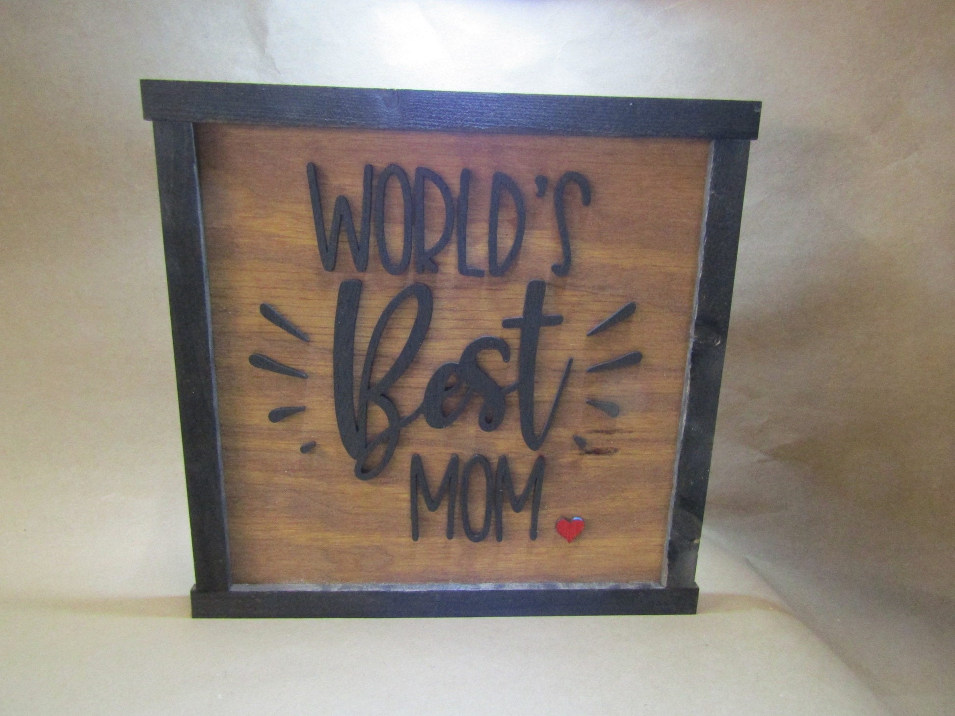 Mom Gift Mother's Day Wooden Sign Worlds Best Mom Heart Plaque Signage Raised Text 3D Framed Handmade Rustic Primitive Just Because Love