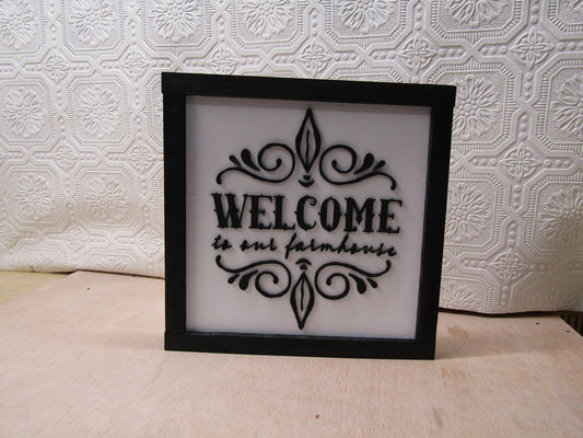 Wooden Welcome Sign Welcome to Our Farmhouse Laser 3D Handmade Decor Entryway Scroll Frill Square Raised Of the Backer Framed Decoration