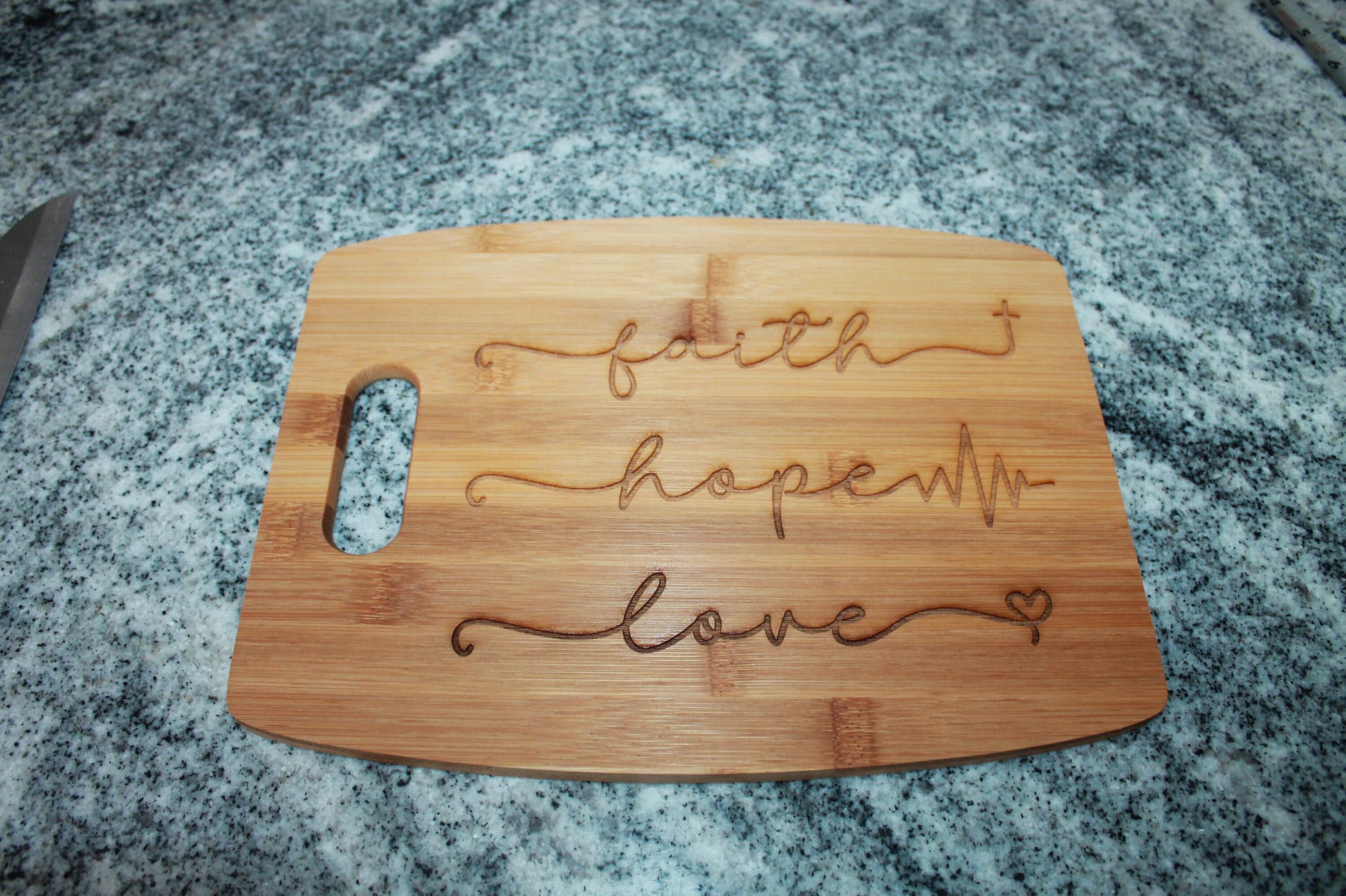 Wooden Engraved Cutting Board Faith Hope Love Cross Heartbeat Heart Gift Housewarming Uplifting Decor Positive Natural Hardwood Culinary