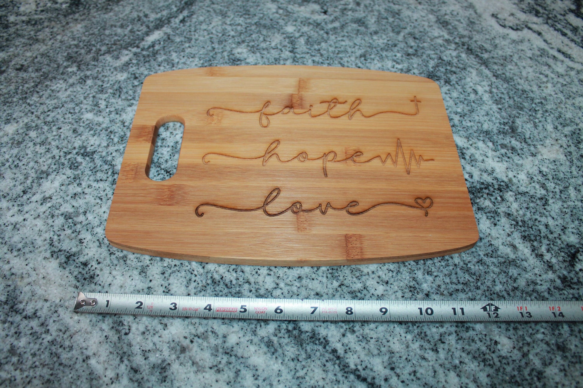 Wooden Engraved Cutting Board Faith Hope Love Cross Heartbeat Heart Gift Housewarming Uplifting Decor Positive Natural Hardwood Culinary