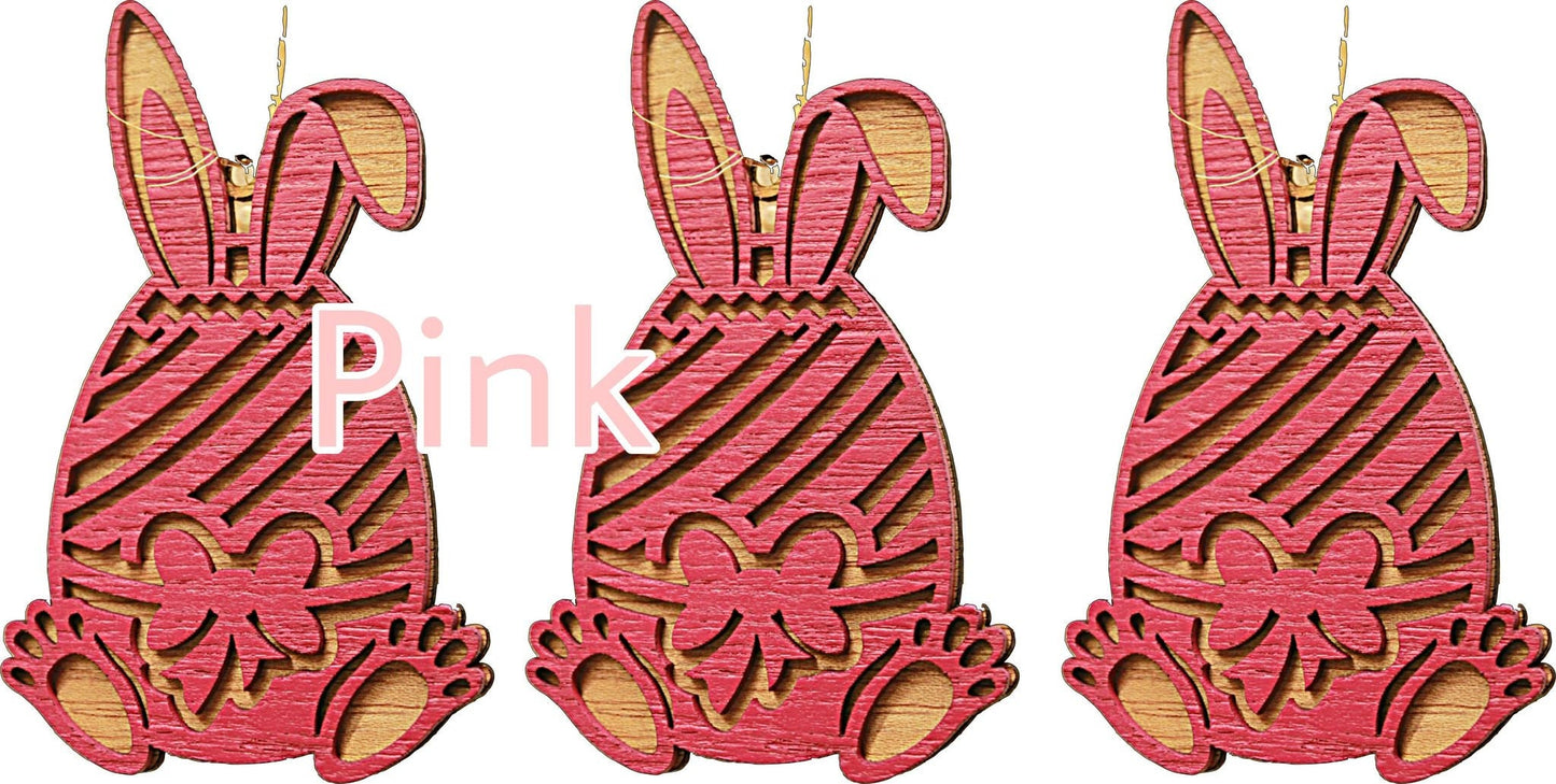 Set of 3 Easter Egg Bunnies Ornaments Raised Laser Cut Out Design Wooden Pattern Tag Keychain Decor Spring Banner Egg Easter Handmade Rabbit