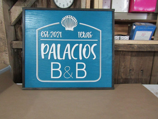 Large Custom Wood Sign Bed and Breakfast B & B Seashell Blue Raised 3D Custom Business Logo Your Image Design Entrance Outdoor Doorway