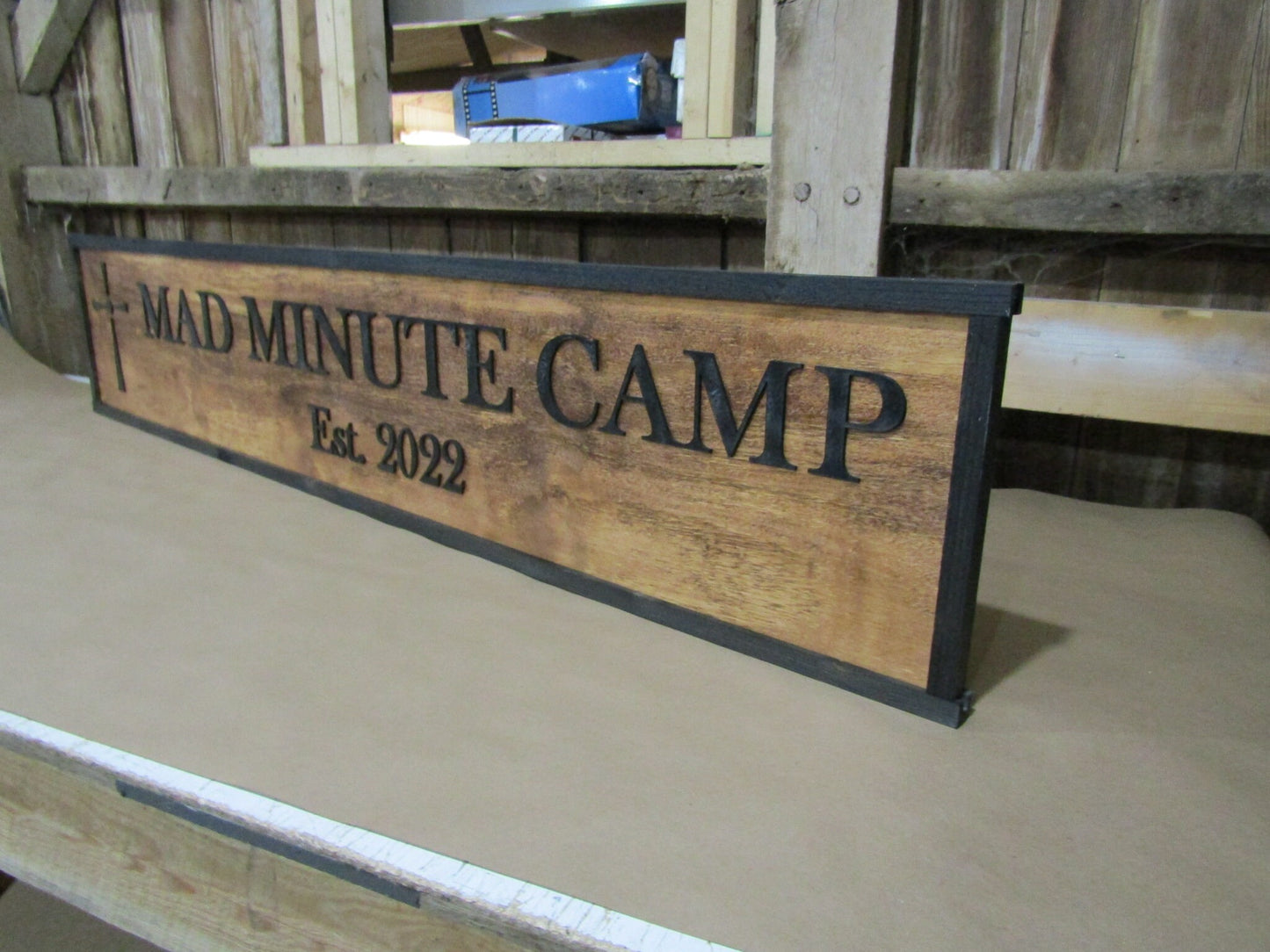 Wooden Personalized Sign Camp Mad Minute Cross Faith Custom Made to Order 3D Signage Entrance Welcome Established Rustic Ranch Style Country
