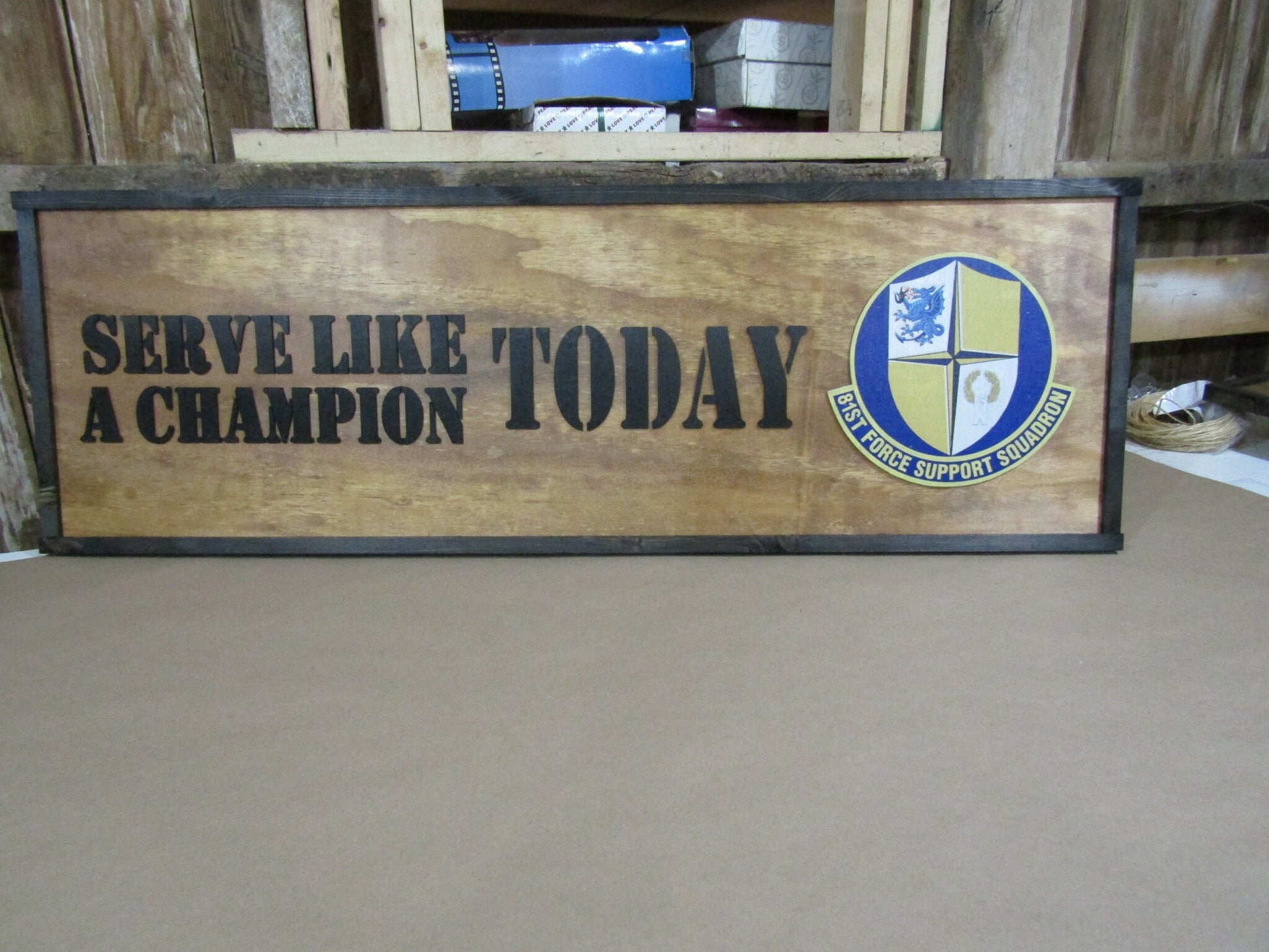 Custom Wooden Personalized Sign Serve Like A Champion Sheild Support Squadron Honor Seal 3D Emblem Raised Text Printed Logo Handmade Large