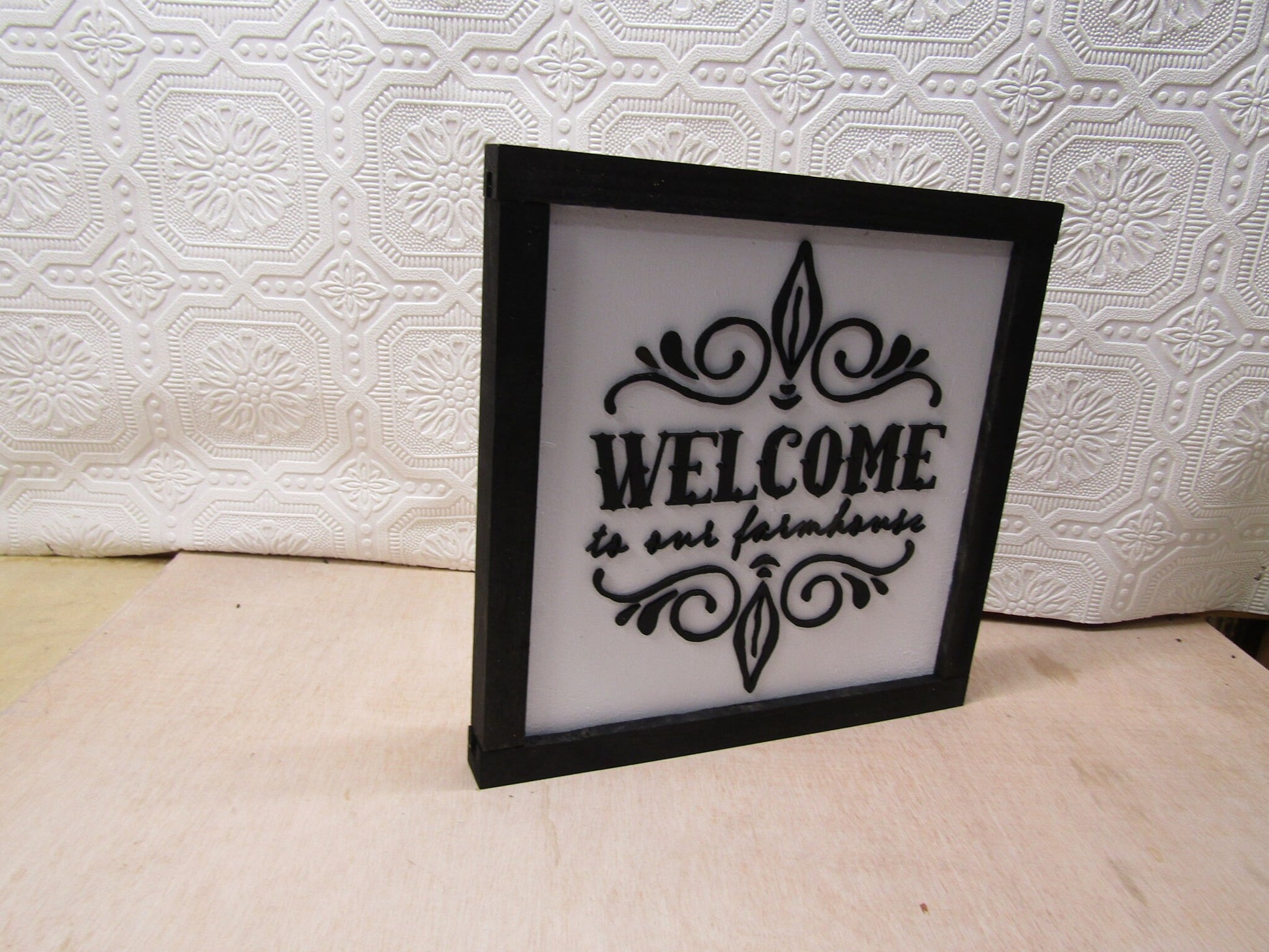 Wooden Welcome Sign Welcome to Our Farmhouse Laser 3D Handmade Decor Entryway Scroll Frill Square Raised Of the Backer Framed Decoration