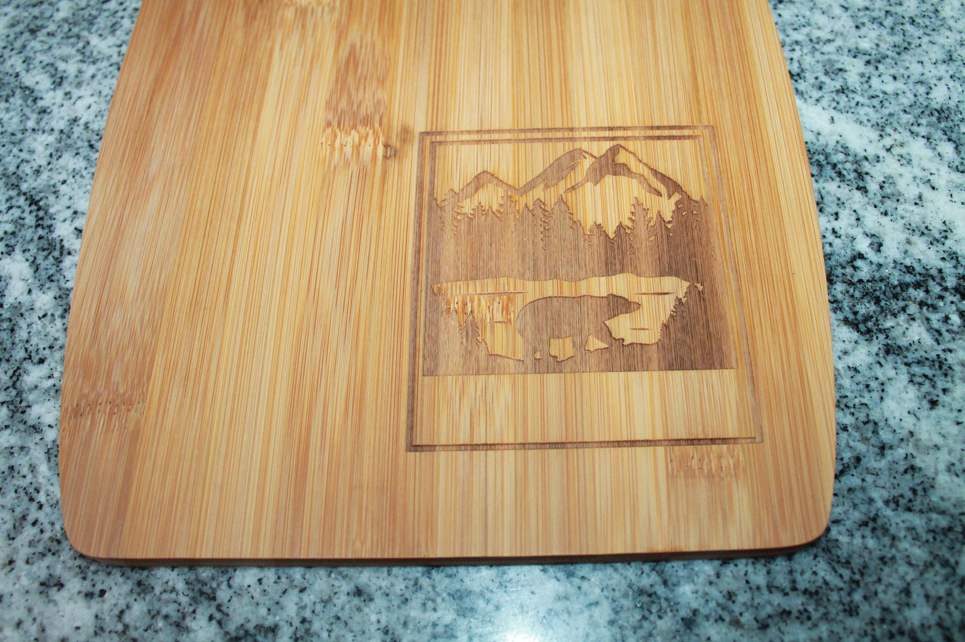 Wooden Engraved Cutting Board Bear Mountain Scene Cabin Rustic Country Vacation Camping Camper Rv Decor Culinary Hardwood Gift BBQ