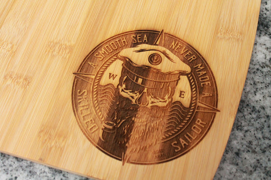 Wooden Engraved Cutting Board Sailor Nautical Beach House Yacht Boating Navy Decor Culinary Gift Cooking Hardwood Natural Compass Skull