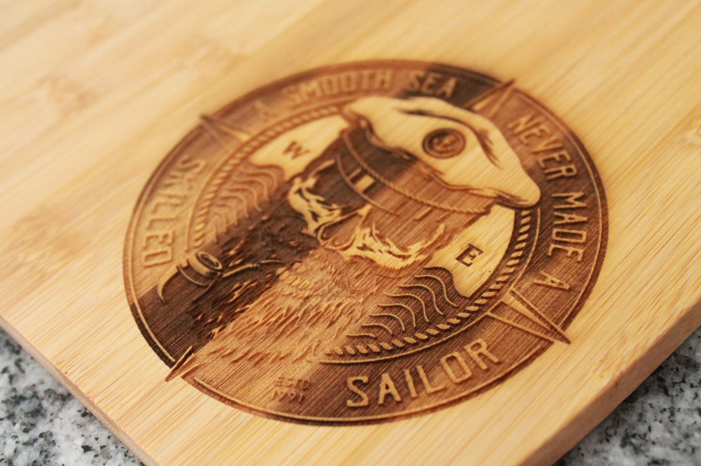 Wooden Engraved Cutting Board Sailor Nautical Beach House Yacht Boating Navy Decor Culinary Gift Cooking Hardwood Natural Compass Skull