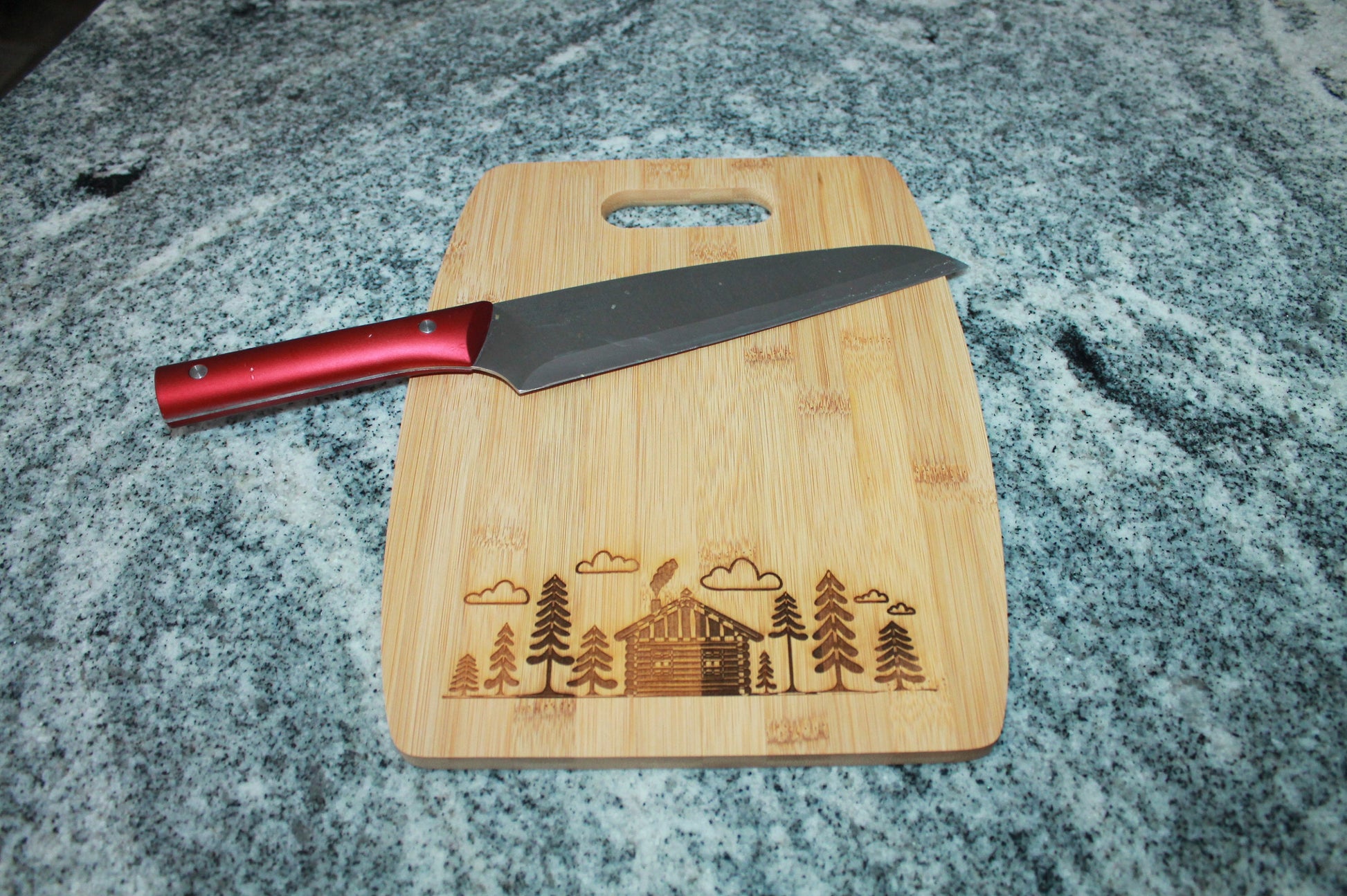 Wooden Engraved Cutting Board Cabin Get Away Woods Cute Homey Trees Camping Vacation Weekend Gift Hostess Hardwood Laser Culinary Cooking