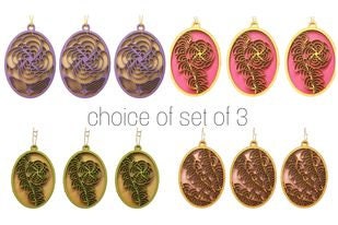 Set of 3 Floral Ornaments Raised Laser Cut Out Oval  Design Wooden Pattern Tag Keychain Decor Spring Banner Egg Easter Handmade