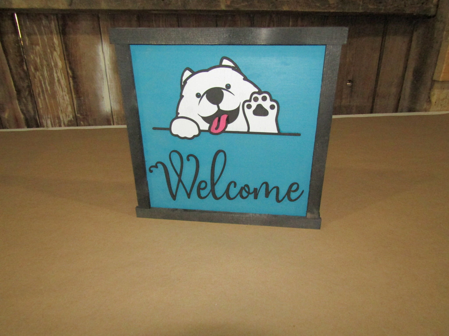 American Eskimo Welcome Sign Samoyed Dog Raised 3D Wood Black Décor Decoration Wall Art Farmhouse Rustic Pet Puppy Waving Tongue Dog Lover