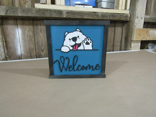 American Eskimo Welcome Sign Samoyed Dog Raised 3D Wood Black Décor Decoration Wall Art Farmhouse Rustic Pet Puppy Waving Tongue Dog Lover