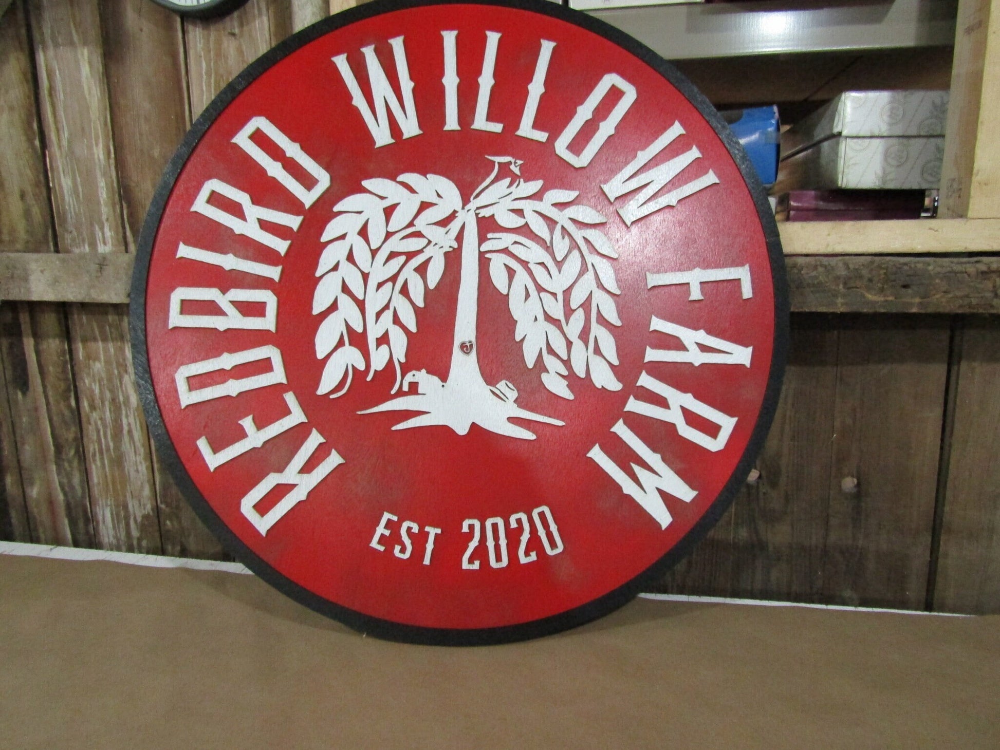 Large Round Custom Sign Commerical Signage Tree Farm Willow Tree Redbird Red Personalized Logo Emblem Made To Order 3D Raised Text Handmade