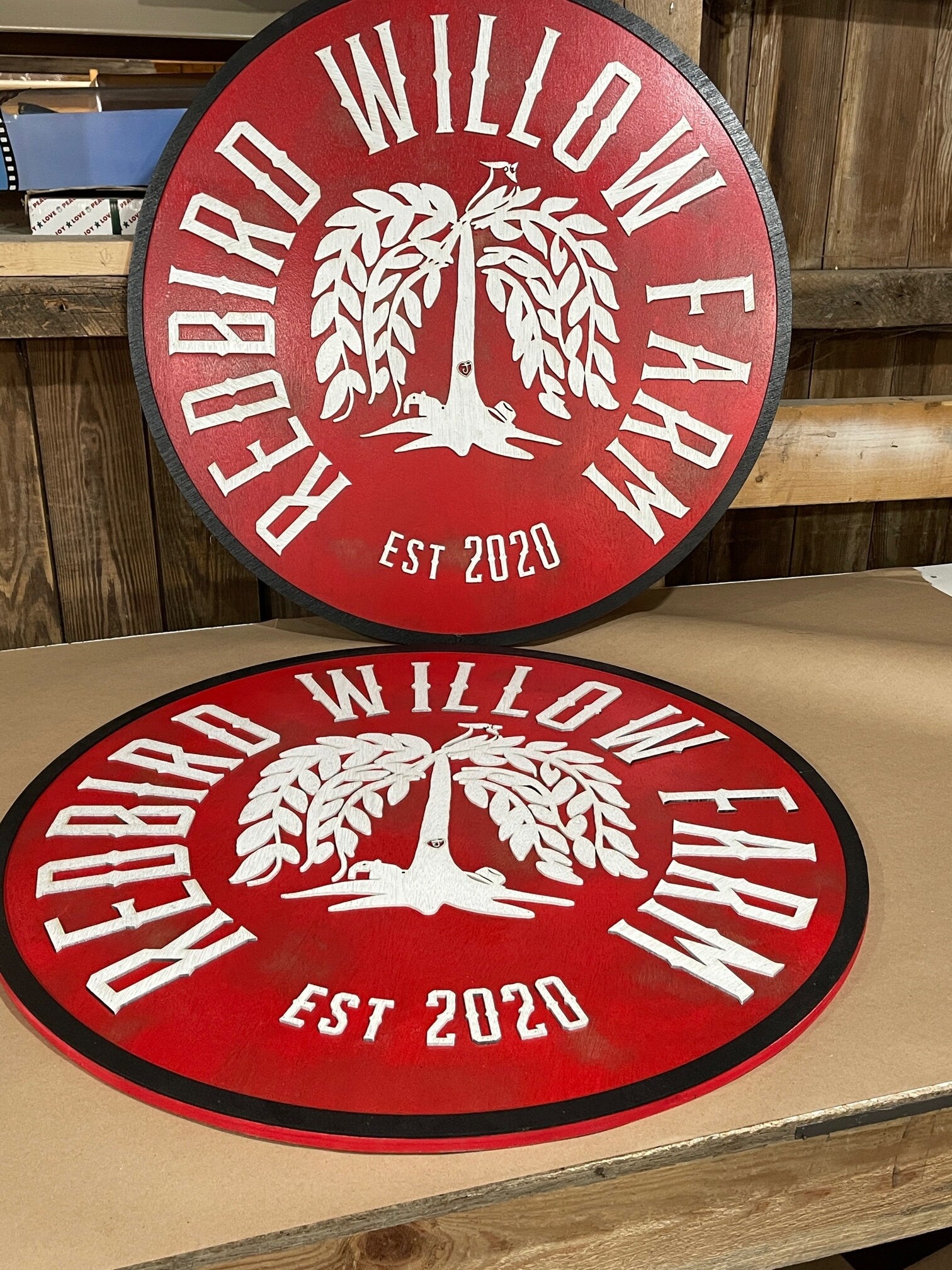 lot of 2 Extra Large Round Custom Signs Redbird Willow Tree Farm 3D Commerical Signage Signs Matching Business Logo Free Ship Made To Order