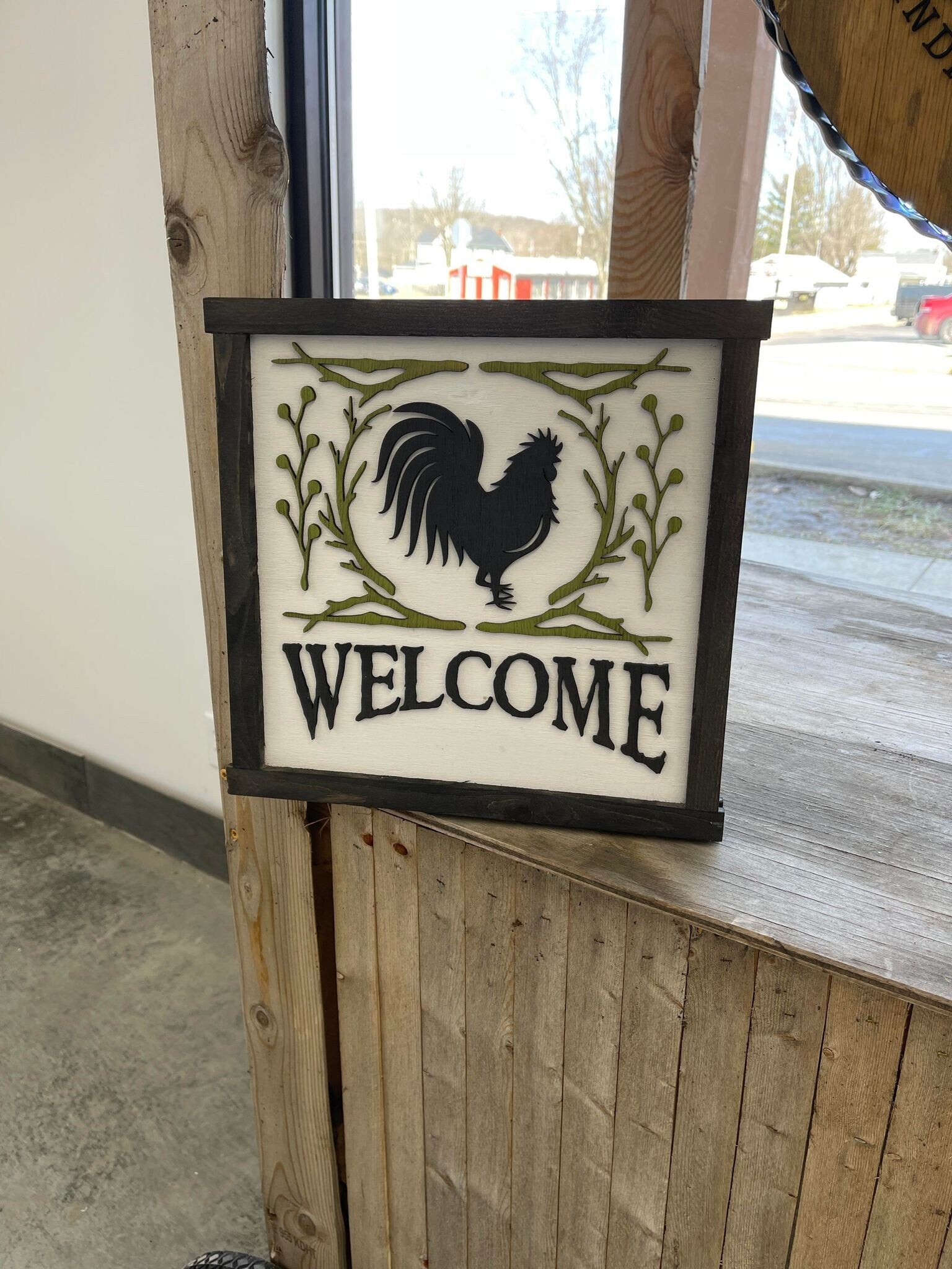 Farmhouse Welcome Rustic Rooster Chicken Coop Framed Wall Decor Handmade 3D Raised Text Farm Eggs Kitchen Decor Mudroom Entryway Welcoming
