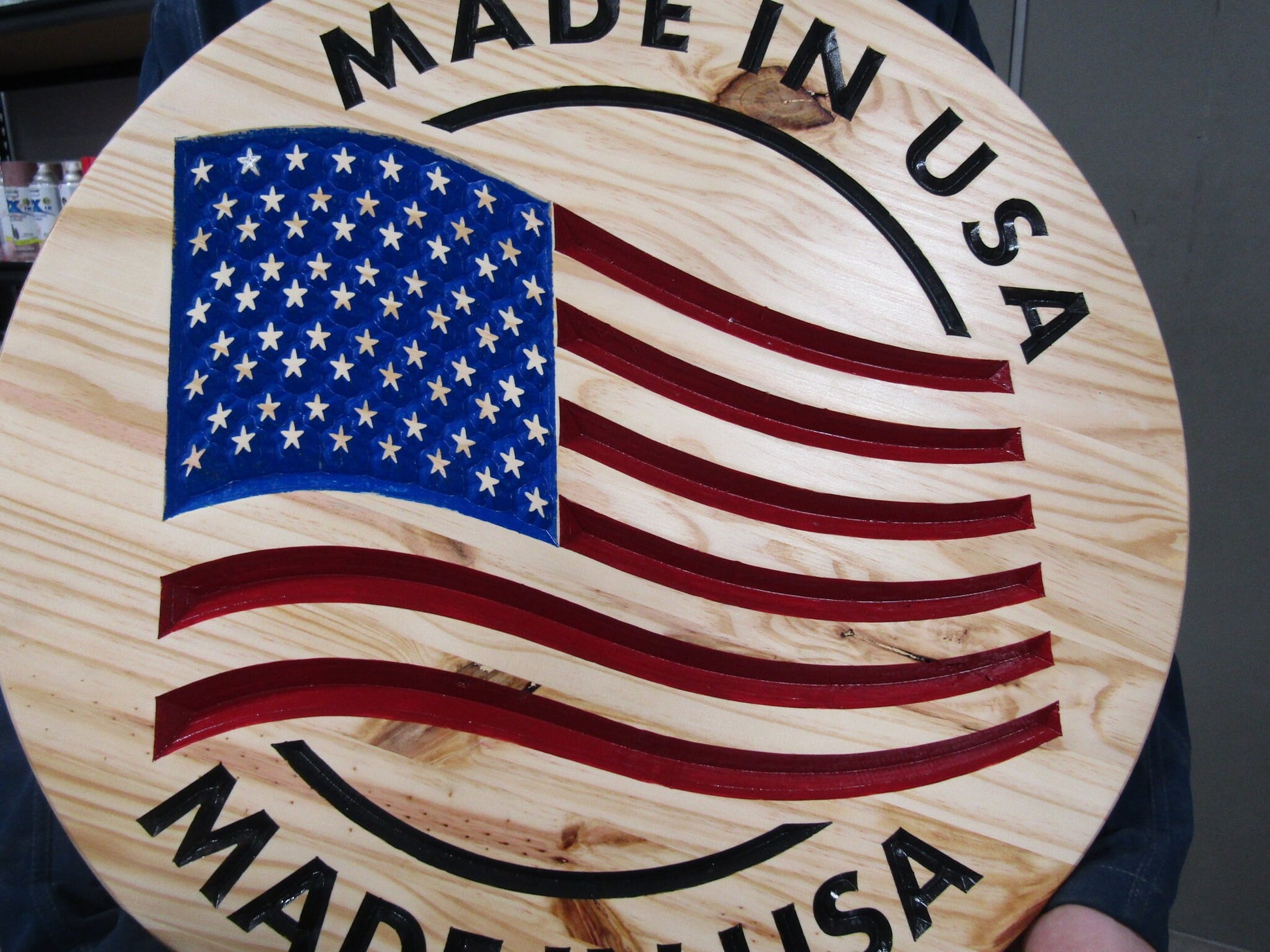 Wooden Engraved Routed Made In Usa Color Filled Red White Blue Round Natural Wood Circle Sign Display Handmade Decor Signage Commerical Use