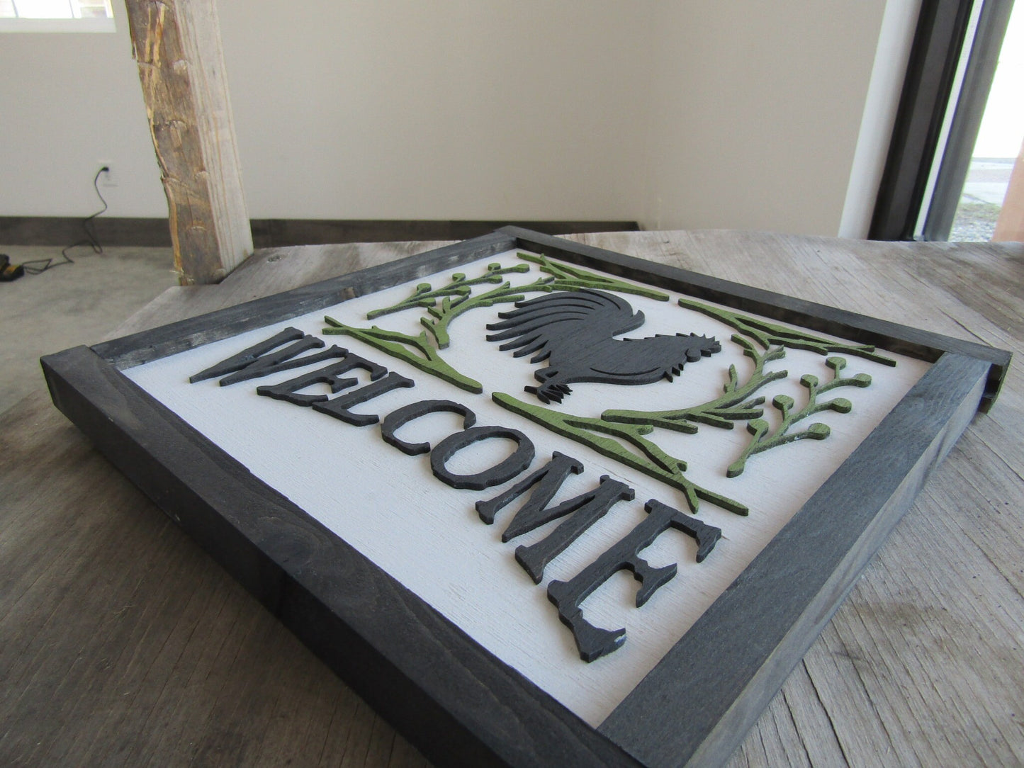 Farmhouse Welcome Rustic Rooster Chicken Coop Framed Wall Decor Handmade 3D Raised Text Farm Eggs Kitchen Decor Mudroom Entryway Welcoming
