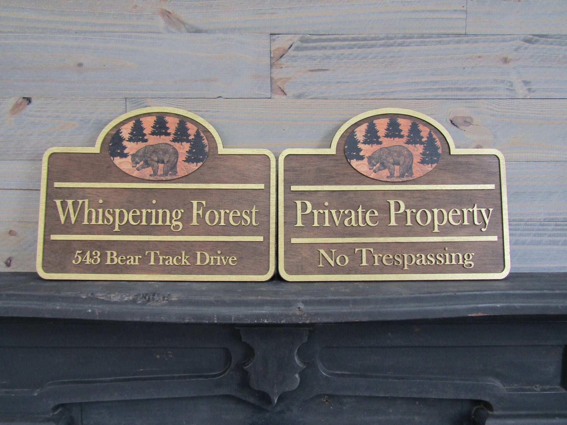Custom Address Signs Set of 2 Matching Private Drive Bear Cabin 3D Raised Contoured Shape Handmade Commerical Signage Directional Wooden