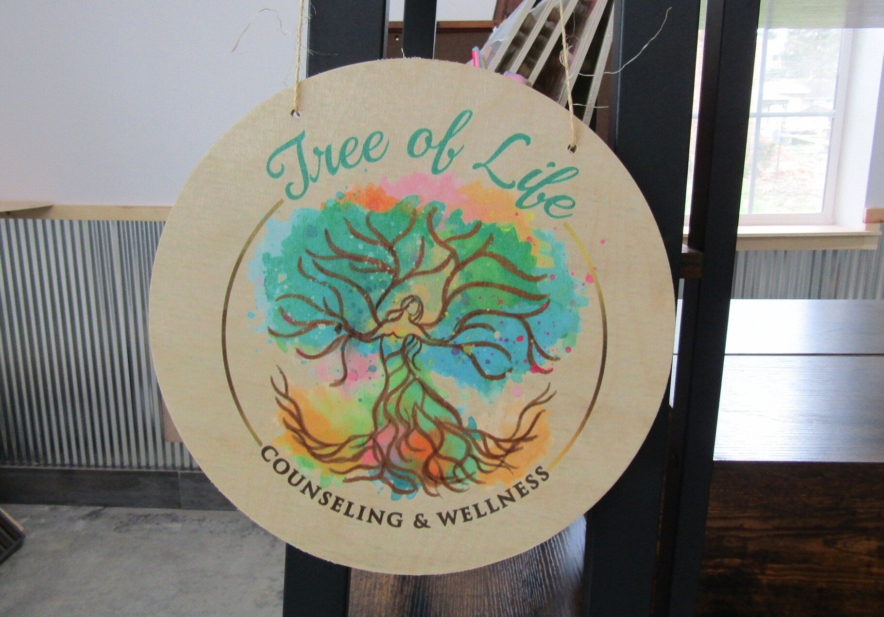 Your Actual Logo Round Small Business Office Sign Tree Of Life Water Color Printed Counseling Wellness Custom Circle Personalized Color Wood