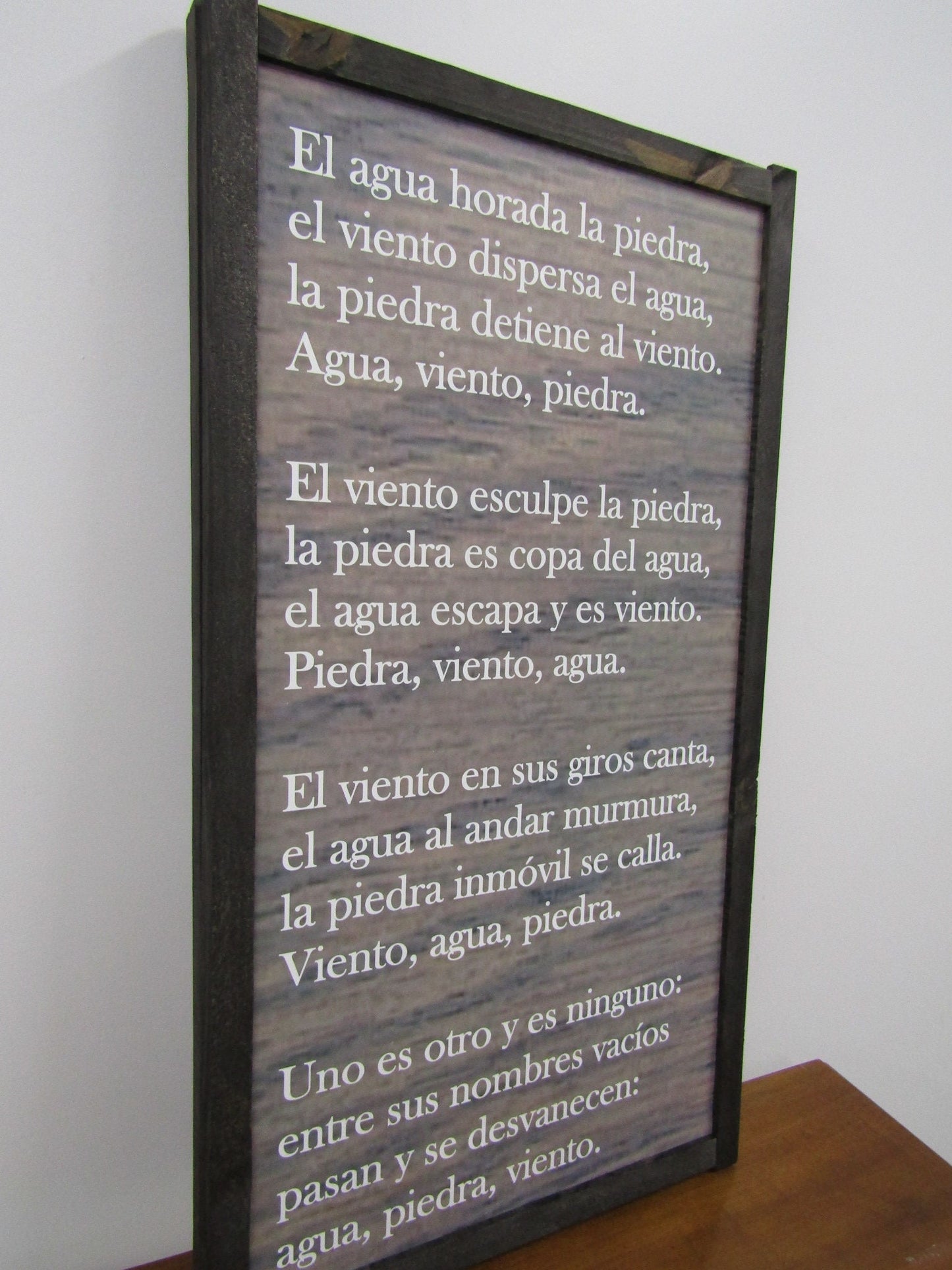 Custom Oversized Inspirational Spanish Quote Elements Earth Water Stone Framed Stained Personalized Peace Tranquility Gray Wash Uvprinted