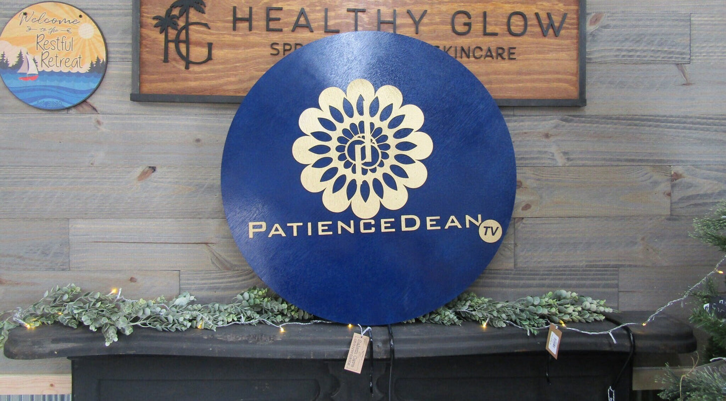 Custom Sign Round Business Commerical Signage Mandala Flower Made to Order Tv Store Front Small Shop Logo Blue Gold Circle Wooden Handmade