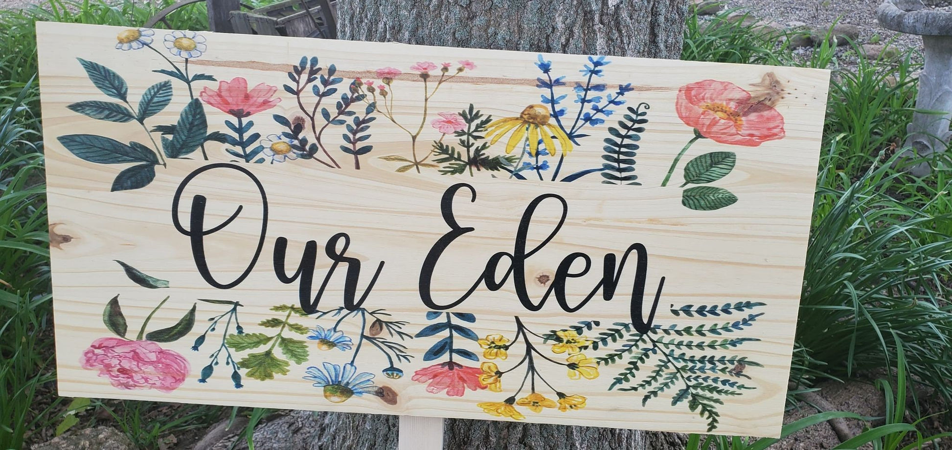Our Eden Garden Floral Sign Mothers Gift Wife Gift Gardener Flowers Printed On Wood Decoration Poppy Color Bright Spring Summer Wooden Sign
