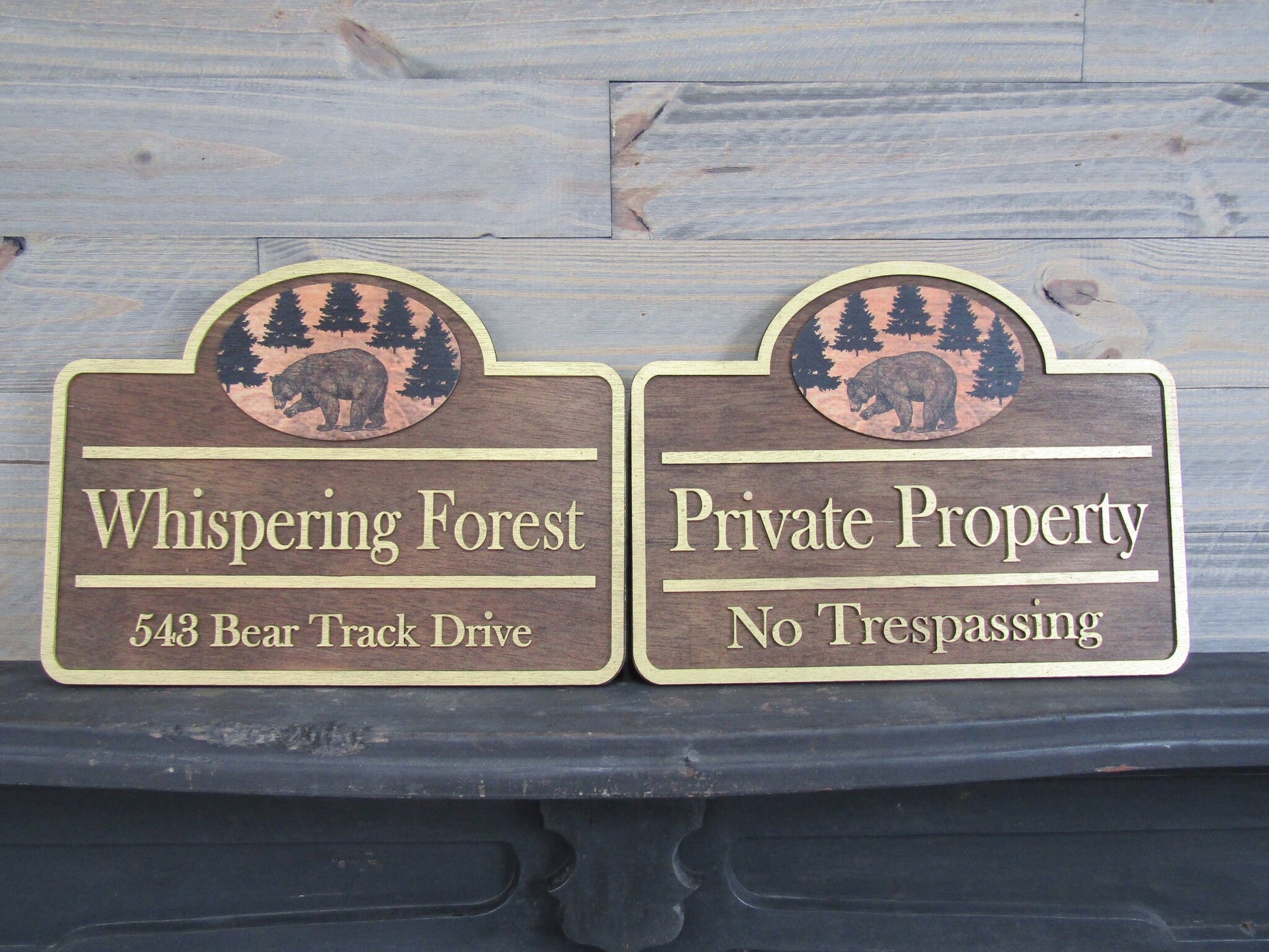 Custom Address Signs Set of 2 Matching Private Drive Bear Cabin 3D Raised Contoured Shape Handmade Commerical Signage Directional Wooden