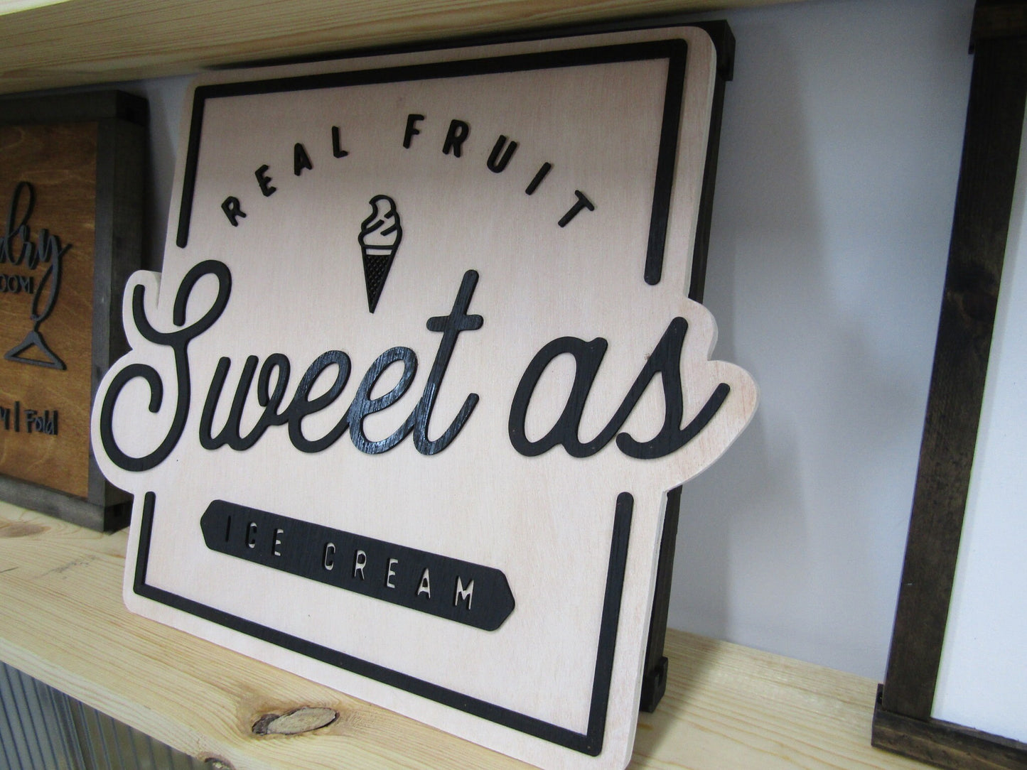 Custom Sign Square Business Commerical Signage Ice Cream Sweets Fruits 3D Made to Order Co Store Front Small Shop Logo Wooden Handmade