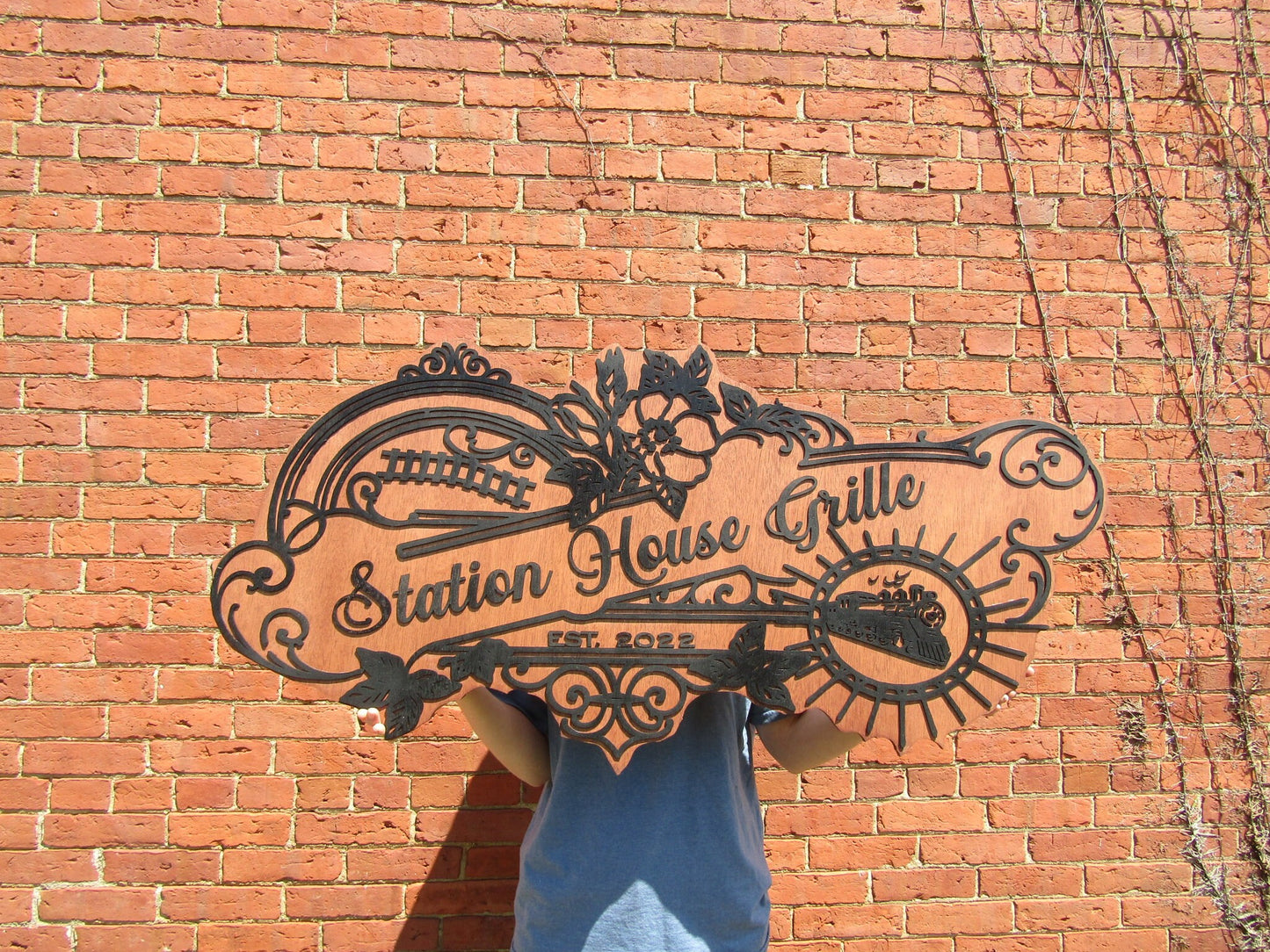 Custom Business Sign Restaurant Grille Commerical Small Business We Use Your Actual Graphic Train Station Wood Laser Cut Out 3D Extra Large