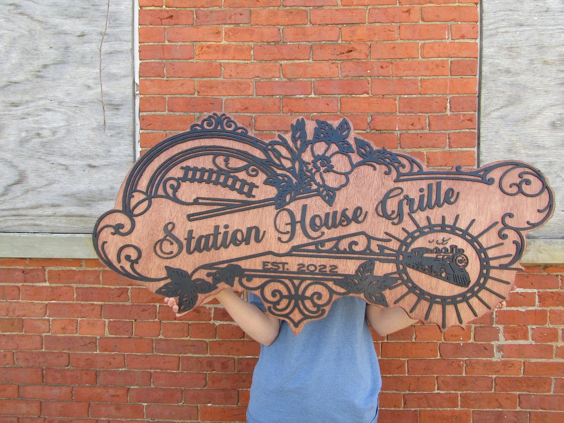 Custom Business Sign Restaurant Grille Commerical Small Business We Use Your Actual Graphic Train Station Wood Laser Cut Out 3D Extra Large