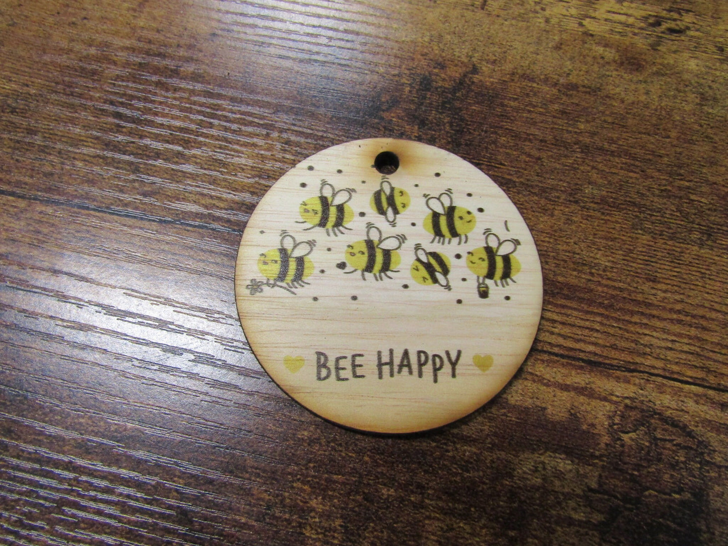 Bumble Bee Be Happy Inspirational Spring Ornament Seasonal Tree Home Decor Handmade Uvprinted Image Wood Slice Keychain Gift Happiness DIY
