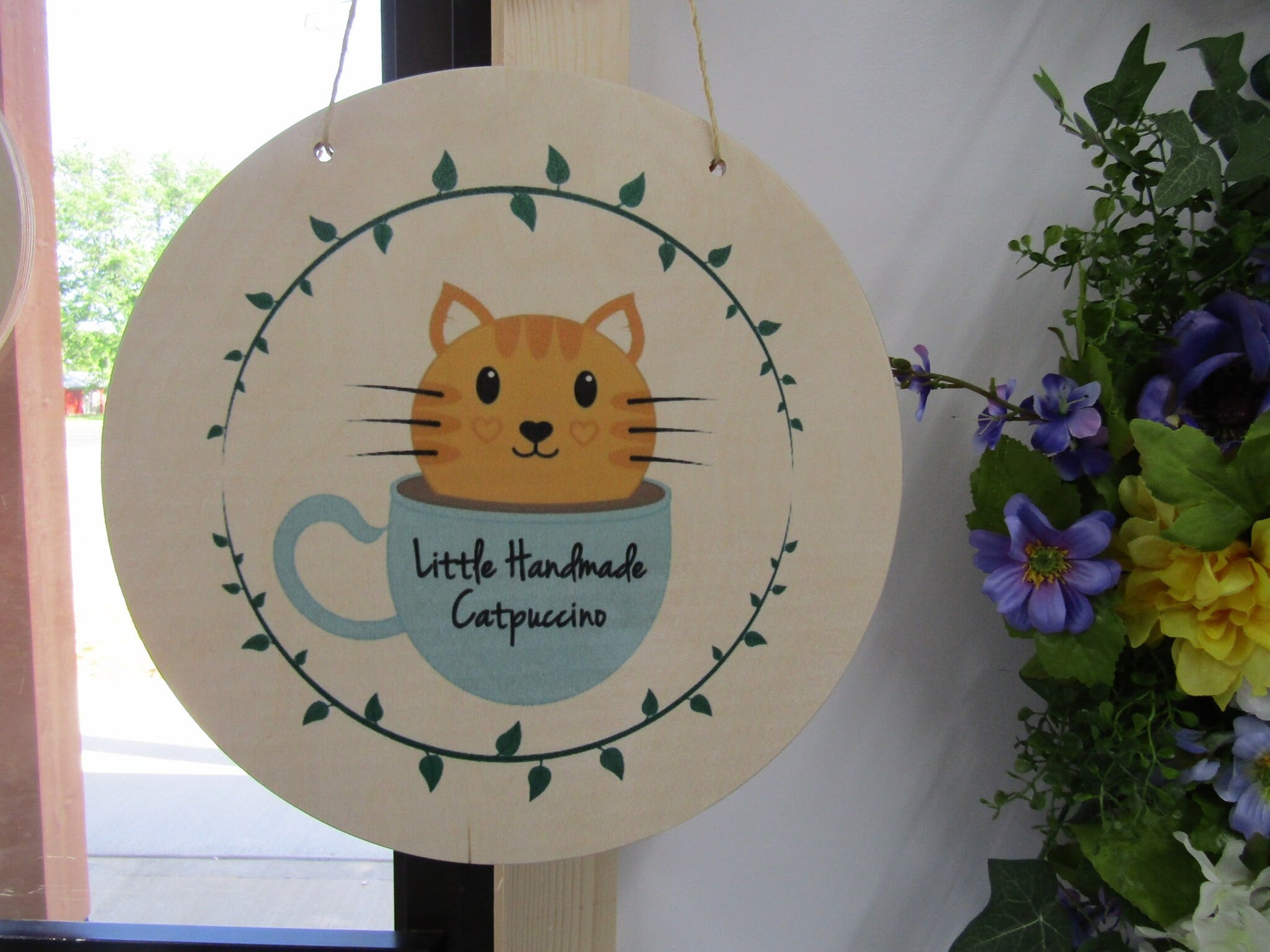 Your Actual Logo Round Cat Cappuccino Small Business Hanging Sign Business Custom Circle Personalized Home Decor Plaque Color Wood Print