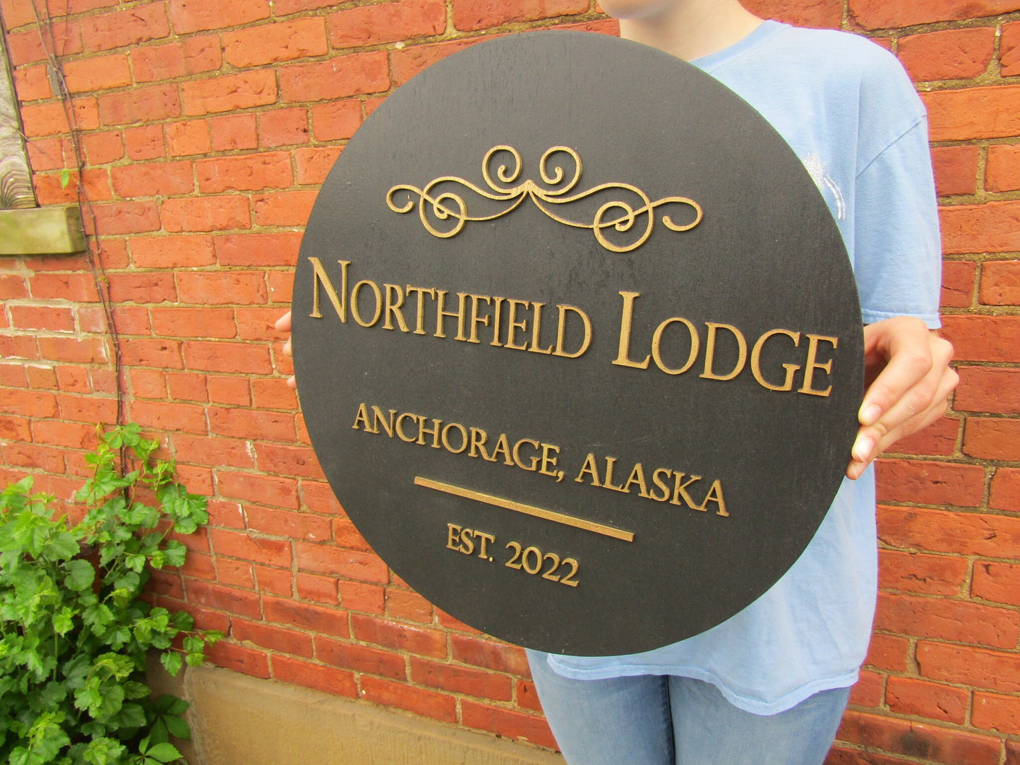 Round Lodge Sign Established Ship to Alaska Black Gold Victorian Scroll Custom Handmade Wooden Sign Raised Text 3D Vacation Outdoor Indoor