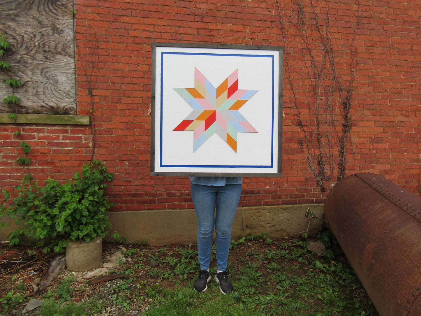 Oversized Square Barn Quilt Image Printed On Wood Color Pastel Geometrical Farmhouse Country Style Handmade Decor Star Outdoor Primitive
