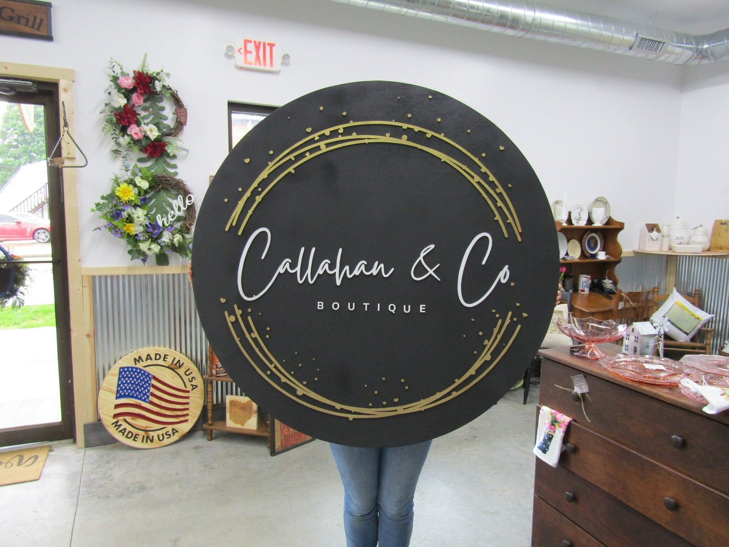 Boutique Custom Sign Gold Bubbles And Co. Round Business Commerical Signage Minimalist Made to Order Small Shop Logo Circle Wooden Handmade