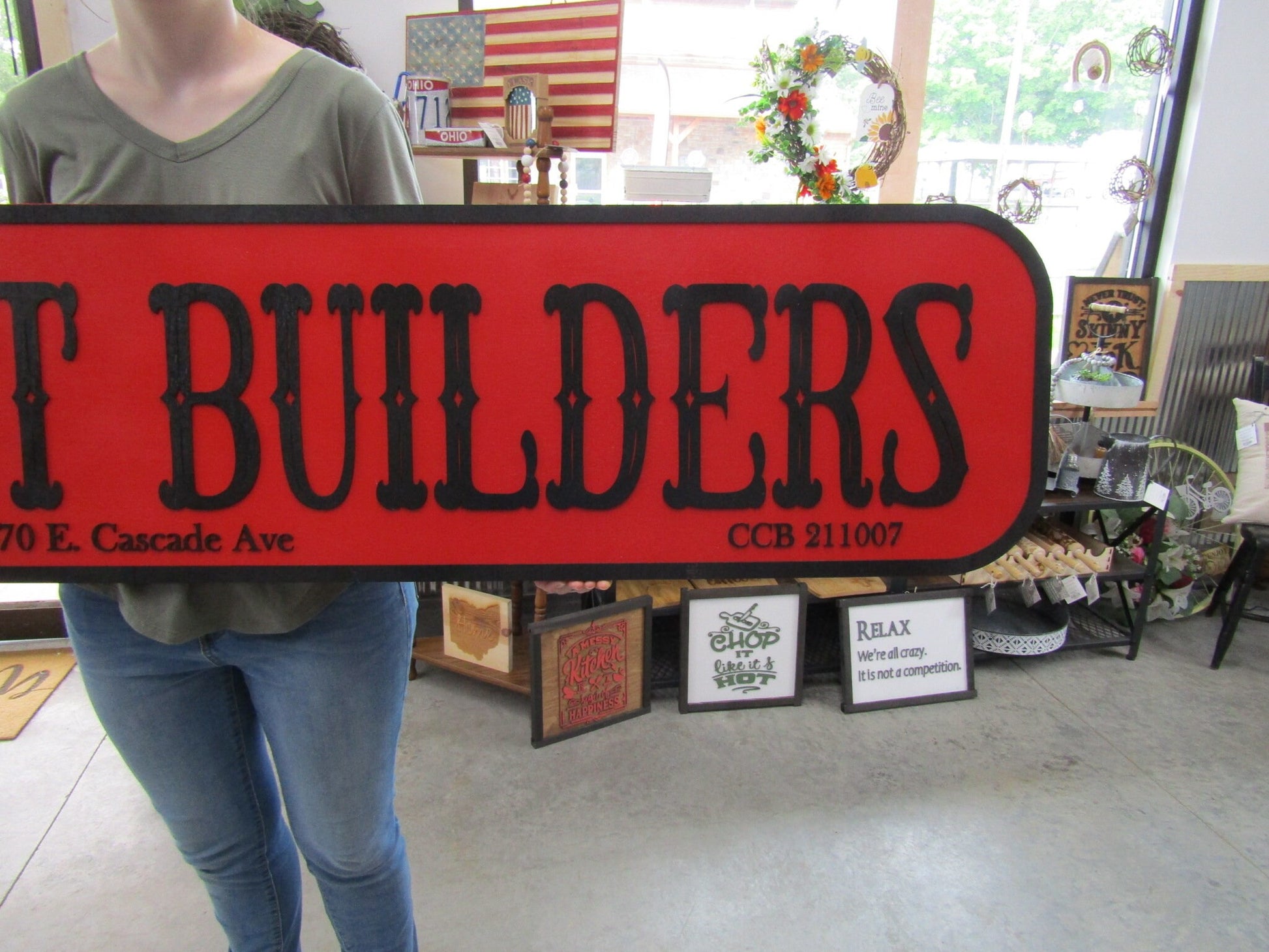 Custom Builders Sign Distressed Rustic Red and Black Personalized Business Company Name Store Front Wooden Handmade Commerical Signage